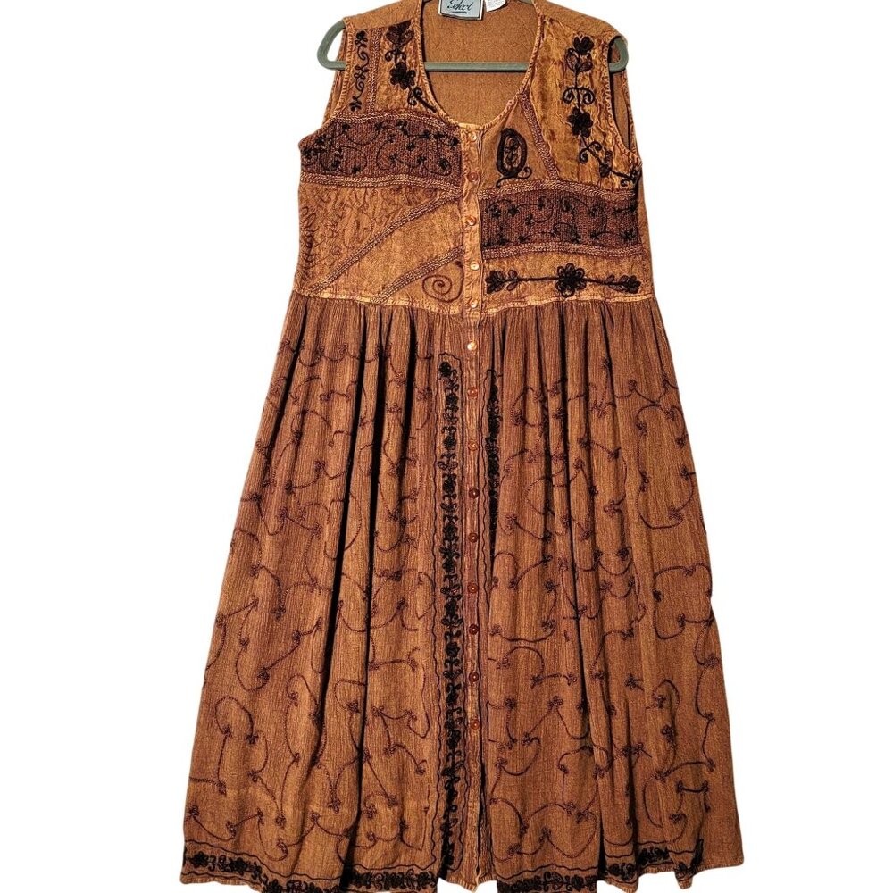 SELECT Maxi Dress Womens 1X Sleeveless Button Up Embroidered Holiday Dress VTG
